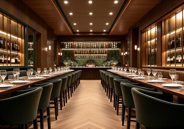 Elegantes und modernes Restaurantambiente am Abend.