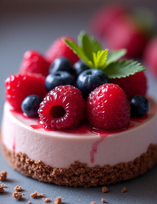 Kreatives Dessert mit Beeren und Schokolade.