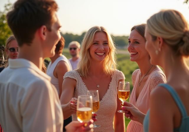 Fröhliche Hochzeitsgesellschaft beim Apéro im Freien.