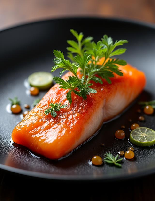 Fein angerichteter Fischgang auf einem dunklen Teller.