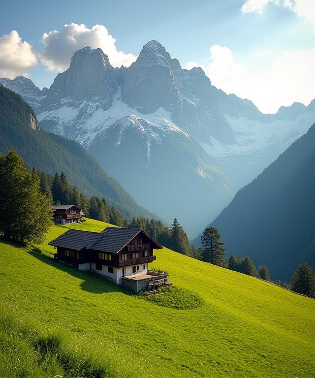 Idyllische Schweizer Alpenlandschaft mit einem nahegelegenen Bauernhof.
